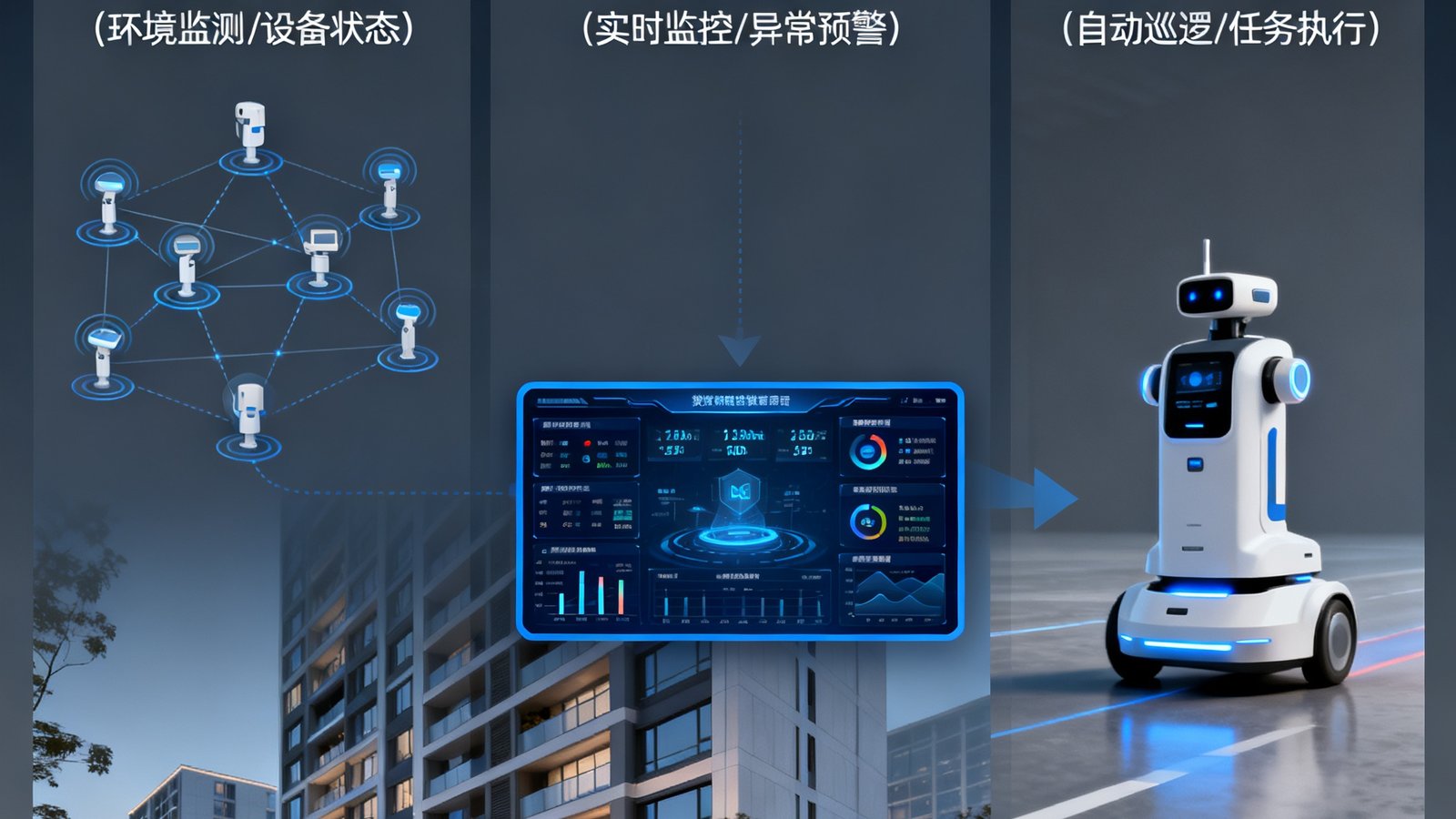 一张展示AI技术在高端物业管理中应用的示意图，包含智能传感器网络、数据看板和机器人巡检等元素